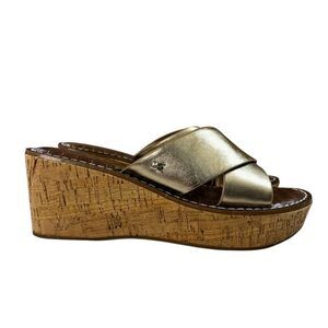 Sam Edelman‎ Remini Gold Wedge Platform Leather Strap Sandals Womens Size 8.5